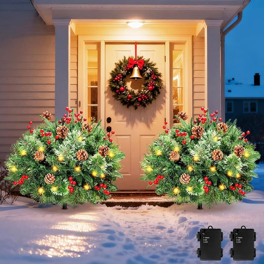 Lewondr Set of 2 Prelit Pathway Christmas Trees, 20.87" Outdoor Christmas Tree with 50 LED Lights, Pine Cones Red Berries, Battery Operated Outdoor Xmas Decor for Yard Home Porch