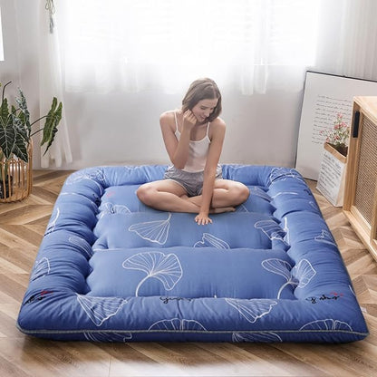 MAXYOYO Leaf Printed Japanese Futon Floor Mattress, Thicken Sleeping Pad Floor Bed Roll Up Camping Guest Mattress Folding Couch Bed, Queen Size