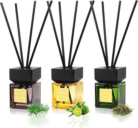 Reed Diffuser Set of 3, White Birch Cedar & Oud Bergamot & Green Tea Tree Essential Oil, 15 Diffuser Sticks, Hotel Collection Bathroom Air Fresheners, 50ml Home Fragrance for Room Decor