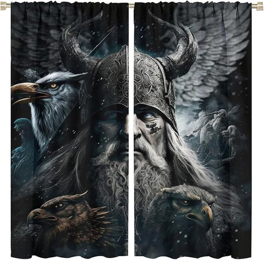 Fantasy Norse Viking Blackout Curtains for Bedroom,Cool Gothic Vintage Vikings Mystical Symbol Eagle Rod Pocket Thermal Insulated Room Darkening Curtains 2 Panels 63L x 31.5W