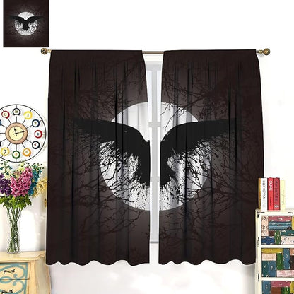 Cool Raven Print Blackout Curtains for Bedroom,Vintage Nordic Viking Theme Dead Tree Crow Full Moon Rod Pocket Thermal Insulated Room Darkening Curtains 2 Panels 45L x 21W