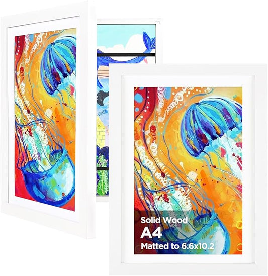KINLINK A4 Kids Art Frames Set of 2, Solid Wood Kids Artwork Frames Changeable with Acrylic Front Opening Holds 150 Pictures 8.3x11.7, Art Frame for Kids Artwork with Mat or without Mat, White