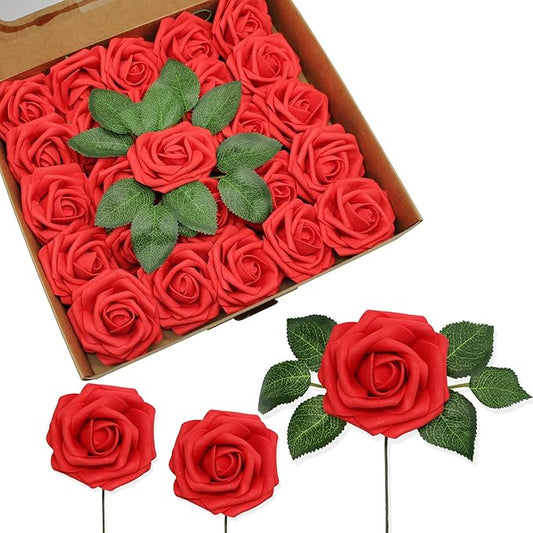JOYLEX Artificial Flowers Realistic Roses, 25pcs Red Real Looking Fake Roses with Stem for DIY Wedding Bouquets Centerpieces Bridal Shower Party Home Romantic Decorations (25pcs, Red)