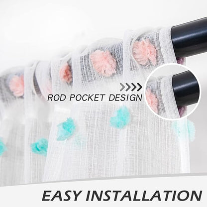 MYSKY HOME Curtains for Living Room 84 Inch Long Rainbow Pom Pom Curtains for Bedroom Sheer Curtains for Nursery Windows Rod Pocket Privacy Drapes Dining Room 38" x 84" 2 Panels