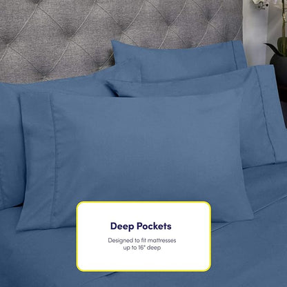 Sweet Home Collection 6 Piece 1500 Supreme Collection Brushed Microfiber Deep Pocket Sheet Set-2 Extra Pillow Cases, Great Value, Rv Short Queen, Denim