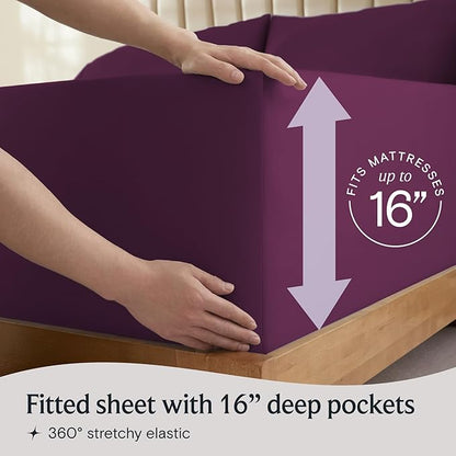 LuxClub 4 PC Full Sheet Set, Breathable Luxury Bed Sheets, Deep Pockets Wrinkle Free Cooling Bed Sheets Machine Washable Hotel Bedding Silky Soft - Eggplant Full