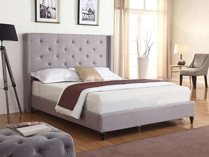 HomeLife Premiere Classics Cloth Light Grey Silver Linen 51" Tall Headboard Platform Bed with Slats Queen- Complete Bed 5 Year Warranty Included-007