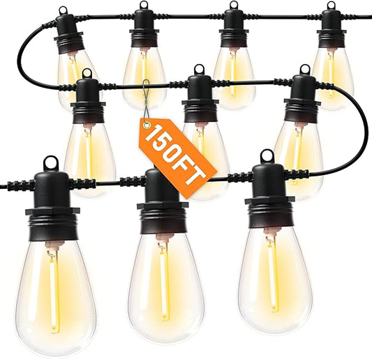 150FT LED Outdoor String Lights With 45 Edison Shatterproof IP65 Waterproof Bulbs, 2700K Dimmable Commercial Grade Patio Lighting, Heavy Duty Outside Hanging for Garden Porch Deck Decor
