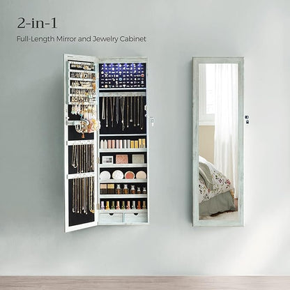 SONGMICS 6 LEDs Mirror Jewelry Cabinet, 47.2-Inch Tall Lockable Wall or Door Mounted Jewelry Armoire Organizer with Mirror, 2 Drawers, Christmas Gift, 3.9 x 14.6 x 47.2 Inches, Rustic Green