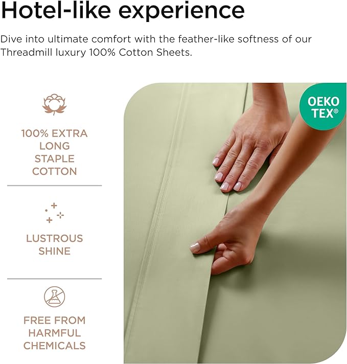 Threadmill Luxury 800 Thread Count King 100% Cotton Sheets - Sage Green Sateen Weave Bed-Sheets, Better Than Egyptian Cotton, 4 Pc Solid Soft Bed Set, Fits 16" Deep Pocket