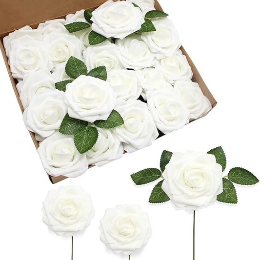 JOYLEX 200Pcs White Artificial Flowers Realistic Roses, Real Looking Fake Roses with Stem for DIY Wedding Bouquets Centerpieces Bridal Shower Party Home Romantic Decorations (White, 200pcs)