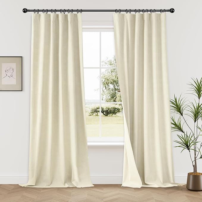 Cream Blackout Curtains 96 Inches Long for Living Room, Thermal Double Sided Linen Pleated Viral Drapes with Hooks 2 Panel Sets, Energy Efficient Curtains Buttermilk for Nursery,52x96 Inch 8 FT Tall