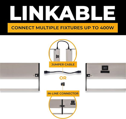 LED Under Cabinet Lighting Hardwired - 3CCT 24 Inch Satin Finish - Undercabinet Lights for Kitchen - Linkable Undercounter Dimmable Plug in Light or Hard Wired - Under Counter Fixture Direct Wire
