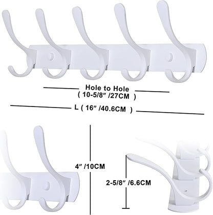 SKOLOO Modern Metal Wall Coat Rack with 5 Hooks, Pack of 2, Sturdy Wall Hook Rack for Hanging Coat, Jacket, Clothes, Hat, White
