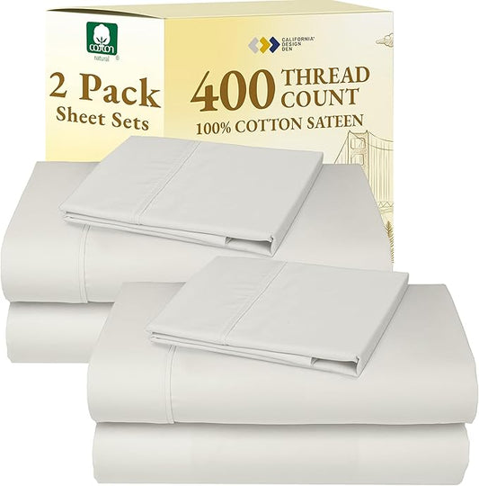 2-Pack Twin XL Sheet Set - 400 Thread Count Sateen 100% Cotton Twin XL Sheet Sets - Soft, Breathable & Cooling Sheets, Wrinkle Resistant, 2 Sets of Deep Pocket Bed Sheets - Ivory (Pale Tone)