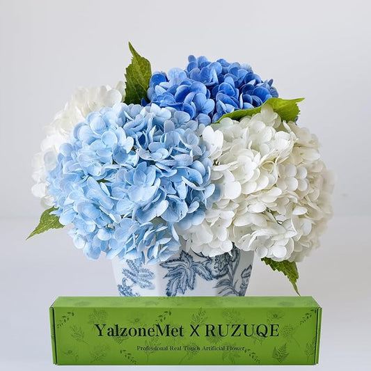 YalzoneMet 4 Pcs Real Touch Hydrangea Artificial Flower Natural Lifelike 21'' Long Stem Latex Hydrangea Flower Gift for Home Party Outdoor Wedding Table Centerpiece Decor 2 White +1 Blue +1 Light Blue