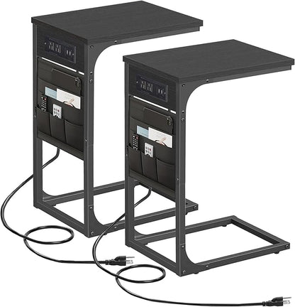 TUTOTAK C Shaped End Table with Charging Station, Side Table for Sofa, Couch Table with Storage Bag, Set of 2, TV Tray Table with 2 USB Ports and Outlets for Living Room, Bedroom, Black TB01BK0242