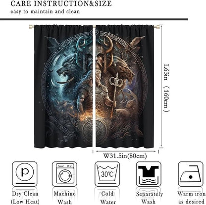 Cool Norse Viking Theme Curtains,Fantasy Ancient Symbols Wildlife Wolf Nordic Vikings Window Drapes Thermal Insulated Rod Pocket Blackout Drapes for Bedroom 2 Panels 63L x 31.5W