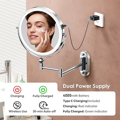 9" Wall Mounted Lighted Makeup Mirror,4000mAh Rechargeable Double Sided 1X/20X Magnifying Mirror with Light,Touch Dimmable,Extended Arm 360 Rotation Wall Mounted Makeup Mirror 3 Color Lights