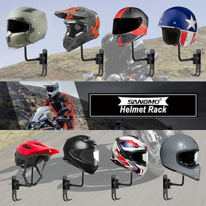 SANGMO 180°Motorcycle Helmet Rack, Rotation Metal Helmet Holder Wall Mounted Helmet Rack Motorcycle with 2 Hooks Helmet Hanger for Motorcycle Bike Coats, Caps, Baseballs, Rugby Helmet (1 pcs)