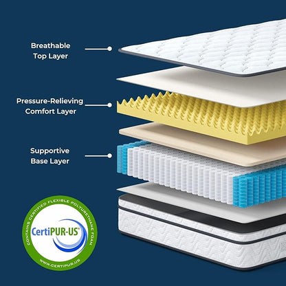 Vesgantti Queen Size Mattress 10 Inch, Fiberglass-Free | Cool Sleep Hybrid Mattress in a Box - Memory Foam & Pocket Springs, Ergonomic Design, Pressure Relief, Medium Firm Feel, 60"×80"×10"