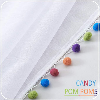 Treatmentex White Linen Sheer Curtains for Living Room 95" Long Colorful Pompoms Kids Window Draperies for Nursery Room Baby Voiles 2 Panels