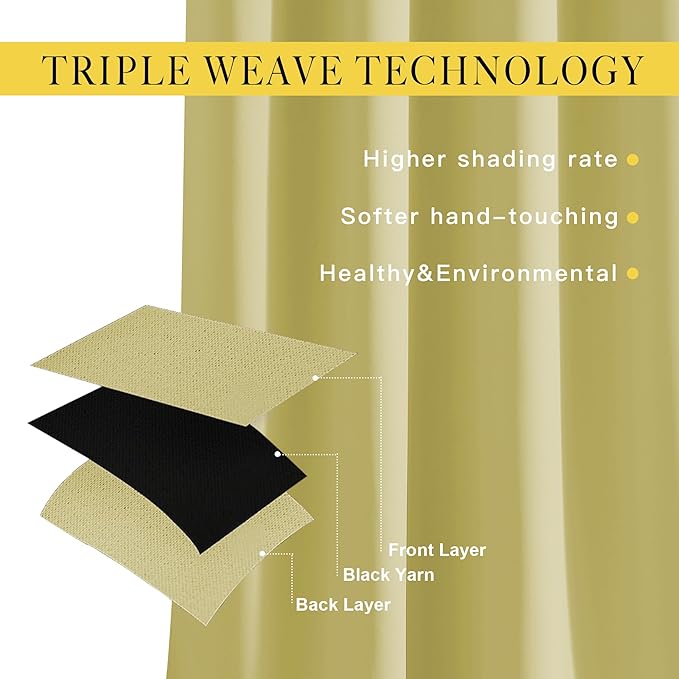 NICETOWN Bedroom Room Darkening Curtains and Drapes - Triple Weave Thermal Insulated Solid Grommet Room Darkening Panels for Basement(1 Pair, 52 inches by 45 Inch, Paler Yellow)