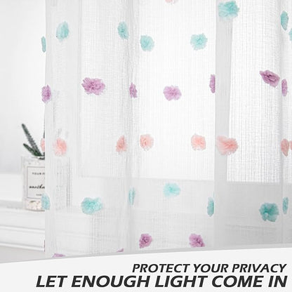 MYSKY HOME 45 Inches Kitchen Curtains Small Window Curtains for Bathroom Cafe Bedroom Rainbow Pom Pom Sheer Curtains for Nursery Room Rod Pocket 2 Pieces Drapes 38 x 45 inch Length