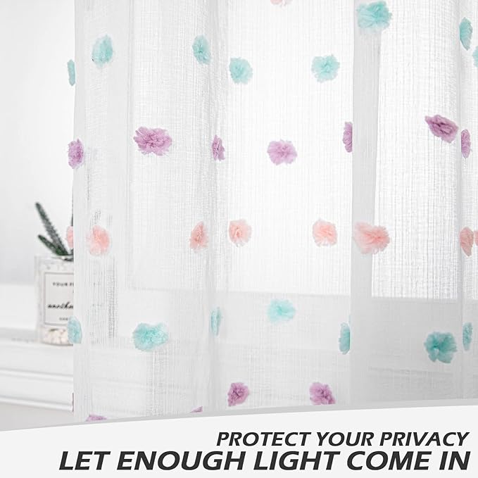 MYSKY HOME Rainbow Pom Pom Curtains Nursery Curtains for Girls Bedroom 63 Inch Length Long Window White Sheer Curtains for Kids Room Rod Pocket Farmhouse Window Drapes 2 Sets 38" x 63"