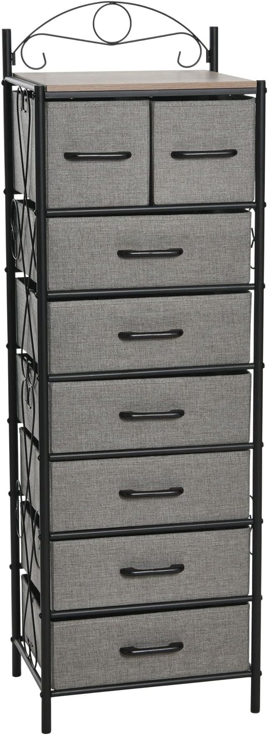 Household Essentials Victoria Dresser Tower Storage Organizer with 8 Drawers Black Metal Frame and Ashwood Rustic Wood Grain Top