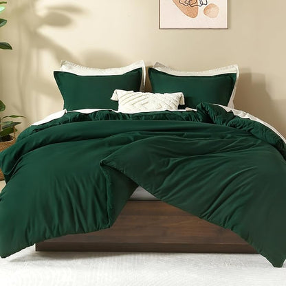 Litanika Dark Emerald Green Queen Comforter Set, 3 Pieces Solid Forest Bedding Set, All Season Fluffy Bed Set (90x90In Comforter & 2 Pillowcases)