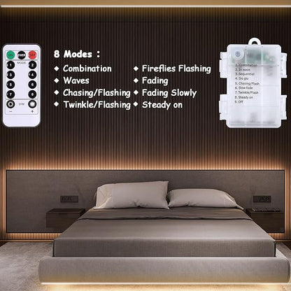 echosari Battery Powered Led Strip Lights with Remote Warm White, 8 Modes, Dimmable, Timer, Self-Adhesive, Cuttable, Waterproof, 9.8FT 90Led Strip Lights for TV Kitchen Cupboard Bedroom Decor