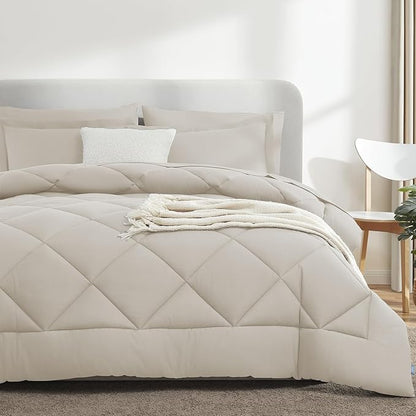 CozyLux Oversized King Comforter Set Beige - 7 Pieces Bed in a Bag Comforter Set with Sheets, Luxury Soft Bed Set All Seasons, Bedding Set with Down Alternative Comforter, Sheets, Pillowcases & Shams