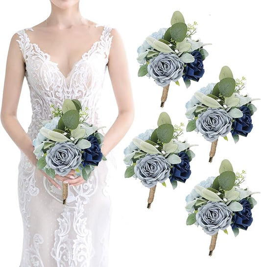 Artificial Bridesmaid Bouquets - Set of 4 Silk Rose Flowers Bouquet Wedding Rustic Small Floral Centerpieces for Marriage Proposal Party Anniversary Dining Table Decorations - Blue,7 Inch