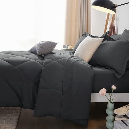 CozyLux Oversized Queen Comforter Set Dark Grey, 7 Pieces Bed in a Bag Comforter Set with Sheets Luxury Bed Set All Seasons, Bedding Set with Down Alternative Comforter, Sheets, Pillowcases & Shams