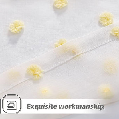 MYSKY HOME 95 Inch Length Long Pom Pom Curtains for Bedroom, Living Room & Sliding Doors - Yellow Sheer, Mustard Backdrop - 52 x 95 in, 2 Panels