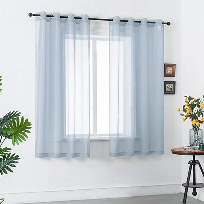 DUALIFE 54 Inches Long Dusty Blue Short Sheer Curtains for Nursery 2 Panels Grommet Small Windows Short Drapes Solid Blue Sheer Curtains for Bathroom Boys Bedroom 52 X 54 Inch Long