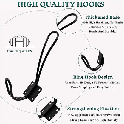 Rustic Entryway Hooks-6 Pack Farmhouse Hooks with Metal Screws Included, Black Decorative Wall Mounted Rustic Coat Hooks Rack, Double Vintage Organizer Hanging Wire Hook Clothes Hanger
