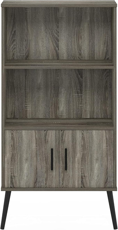 Furinno MIDCENTURY Storage Shelves, Storage Cabinet with Doors and Shelves, Bookshelf with Legs, for Living Room, Home Office, Grey Oak