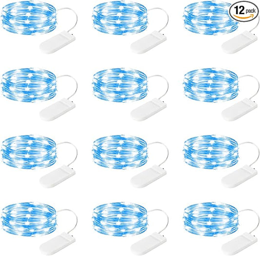 12-Pack LED Fairy Lights 7 Feet Battery Powered Waterproof Silver Wire 20 Slim Copper Wire Pastel Lights for DIY Wedding Party Bedroom Patio Easter Christmas (Blue)