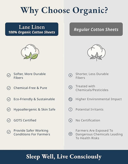 LANE LINEN 100% Organic Cotton Twin Size Bed Sheets, Fully Elasticized Mercerised Cotton Bed Sheet Set, Soft & Comfy Low Pill Face Resistant Bedding Sheets & Pillowcase Set- Linen