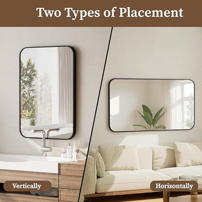 BEAUTYPEAK Black Rectangular Bathroom Mirror - 30" x 48" Wall Mounted Aluminum Alloy Frame Mirror with Rounded Corners for Bedroom Living Room, Horizontal or Vertical
