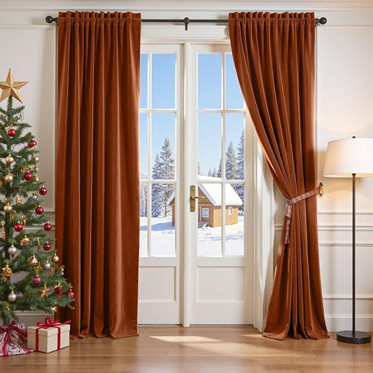 Lazzzy Velvet Blackout Curtains Thermal Insulated Room Window Drapes Super Soft Luxury Curtains for Living Room Bedroom Rod Pocket 2 Panels, Burnt Orange, 52" W x 120" L