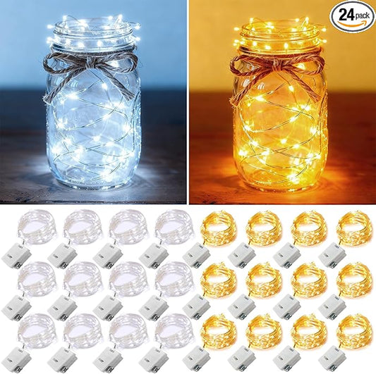 24 Pack Fairy Lights Battery Operated [3 Modes] 7ft 20 LED Mini Twinkle String Lights Waterproof Silver Wire Firefly Starry Lights for Wedding Party Mason Jars Christmas Decor, Warm White & Cool White