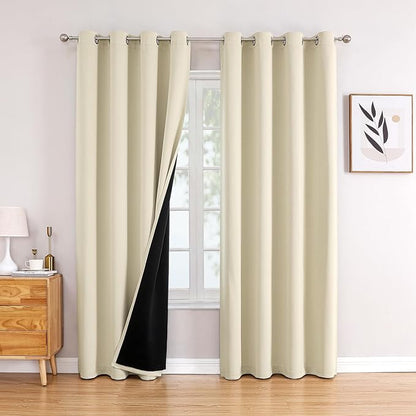 ChrisDowa 100% Blackout Curtains 95 inch Long for Bedroom with Black Liner, 2 Thick Layers Total Blackout Thermal Insulated Grommet Window Curtains 2 Panels Set (Light Beige, 52 x 95 Inch)