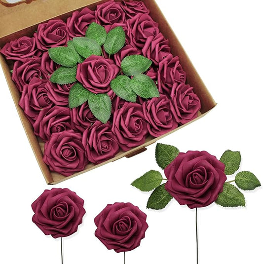 JOYLEX Artificial Flowers Realistic Roses, Real Looking Fake Roses with Stem for DIY Wedding Bouquets Centerpieces Bridal Shower Party Home Romantic Decorations (Wine Red, 100pcs)