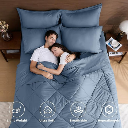 HEVUMYI Dusty Blue King Comforter Set - 7-Piece All Season Bed in a Bag King, Ultra Soft Bedding Set with Comforter, Flat Sheet, Fitted Sheet, Pillowcases, Pillow Shams
