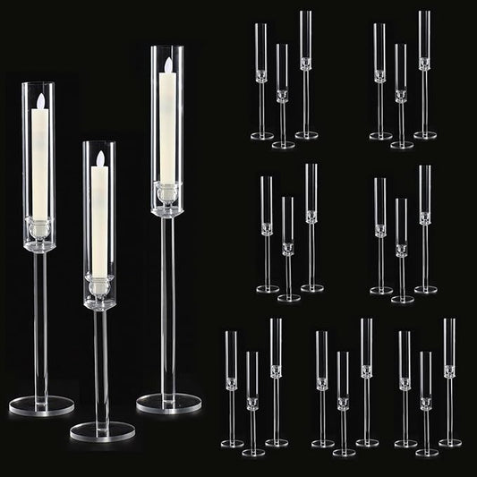 Vincidern 24pcs Taper Candle Holder Acrylic Candlestick Holder Clear Set for Table Centerpiece, Long Candle Stick Candle Stand Cylinder Shade for Halloween, Christmas Wedding Party Dining Room Decor