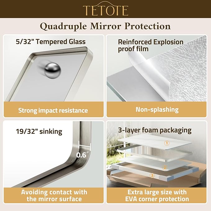 TETOTE Brushed Nickel Bathroom Mirror 40 x 24 Inch Brushed Nickel Metal Framed Bathroom Mirror, Tempered Glass, Modern Farmhouse Wall Mounted Mirror for Decorative(Horizontal/Vertical)