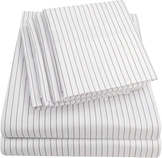 Full Size Bed Sheets - 6 Piece 1500 Supreme Collection Fine Brushed Microfiber Deep Pocket Full Sheet Set Bedding - 2 Extra Pillow Cases, Great Value, Full, Pinstripe White